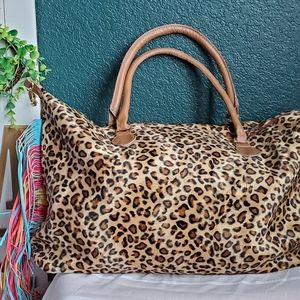 2 Left Leopard Print Fringe Weekender Bag